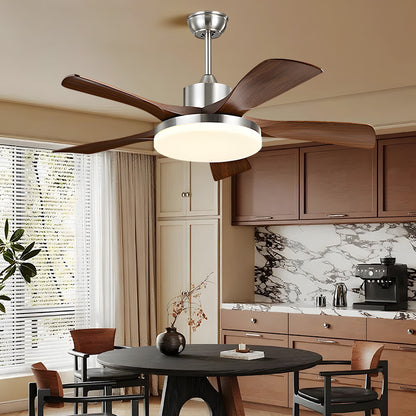 Brushed Gold 5-Blade Wood Ceiling Fan with Light - Mid-Century Modern Dimmable LED Fan Light for Bedroom & Living Room