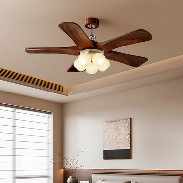 Mid-Century 5-Blade Wood Ceiling Fan with Light - Frosted Glass Globes, Noiseless Operation