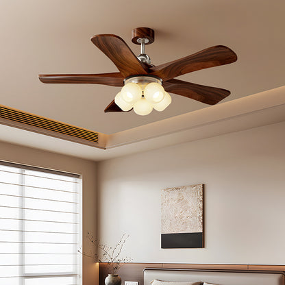 Mid-Century 5-Blade Wood Ceiling Fan with Light - Frosted Glass Globes, Noiseless Operation