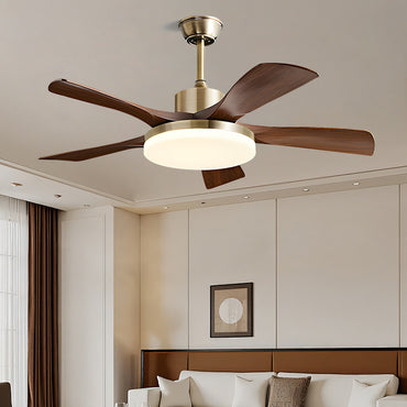 Brushed Gold 5-Blade Wood Ceiling Fan with Light - Mid-Century Modern Dimmable LED Fan Light for Bedroom & Living Room