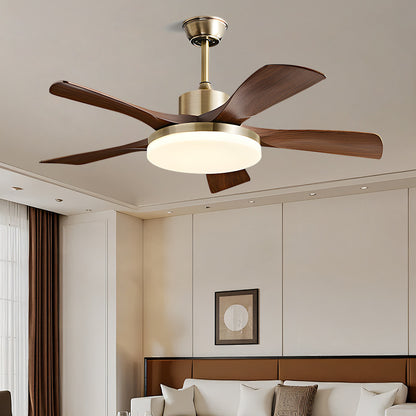 Brushed Gold 5-Blade Wood Ceiling Fan with Light - Mid-Century Modern Dimmable LED Fan Light for Bedroom & Living Room