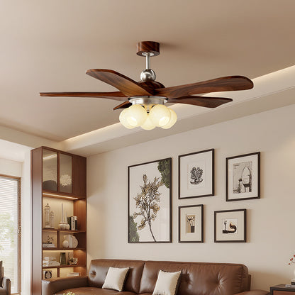 Mid-Century 5-Blade Wood Ceiling Fan with Light - Frosted Glass Globes, Noiseless Operation