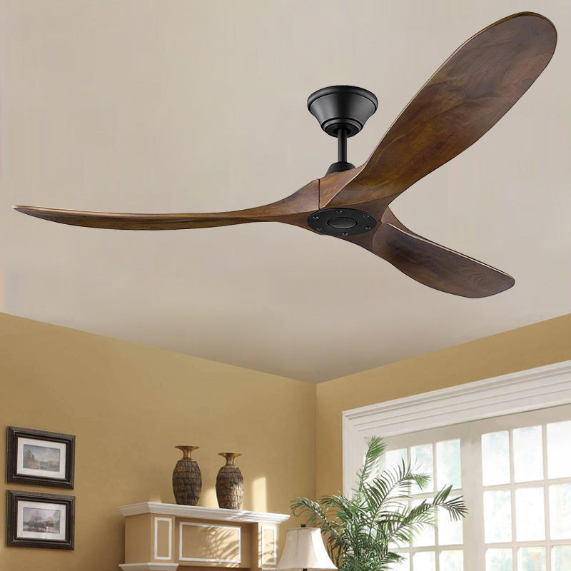 52-Inch 3-Blade Walnut Wood Ceiling Fan – Industrial No-Light Fan with Black Motor for Living Room & Patio