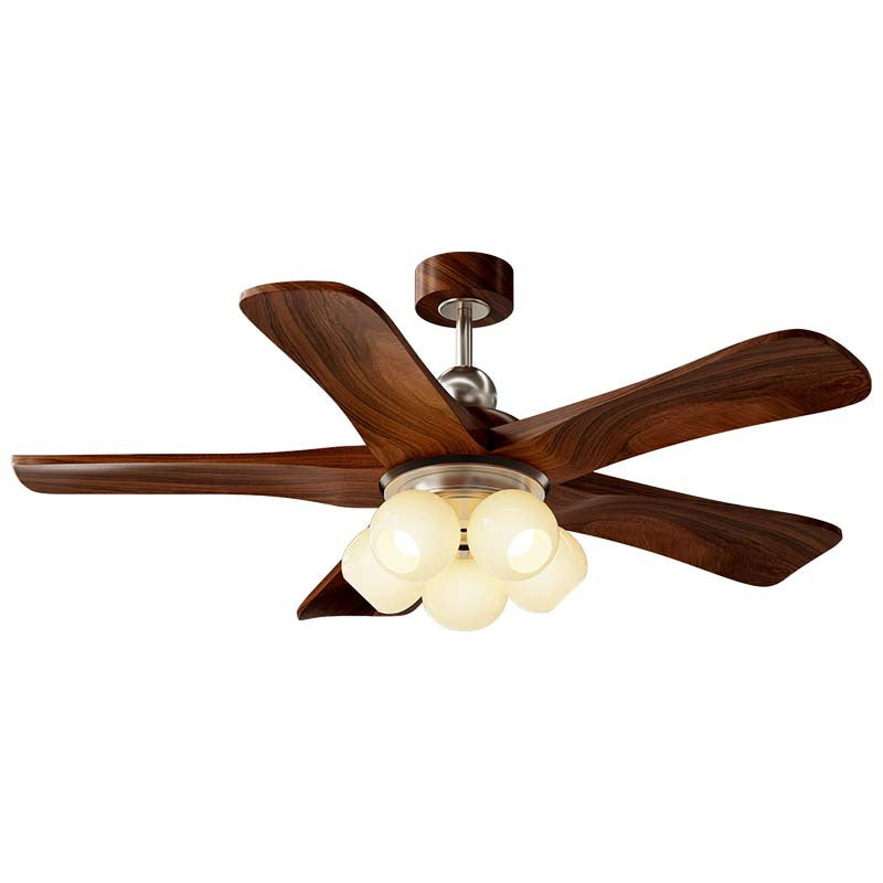 Mid-Century 5-Blade Wood Ceiling Fan with Light - Frosted Glass Globes, Noiseless Operation