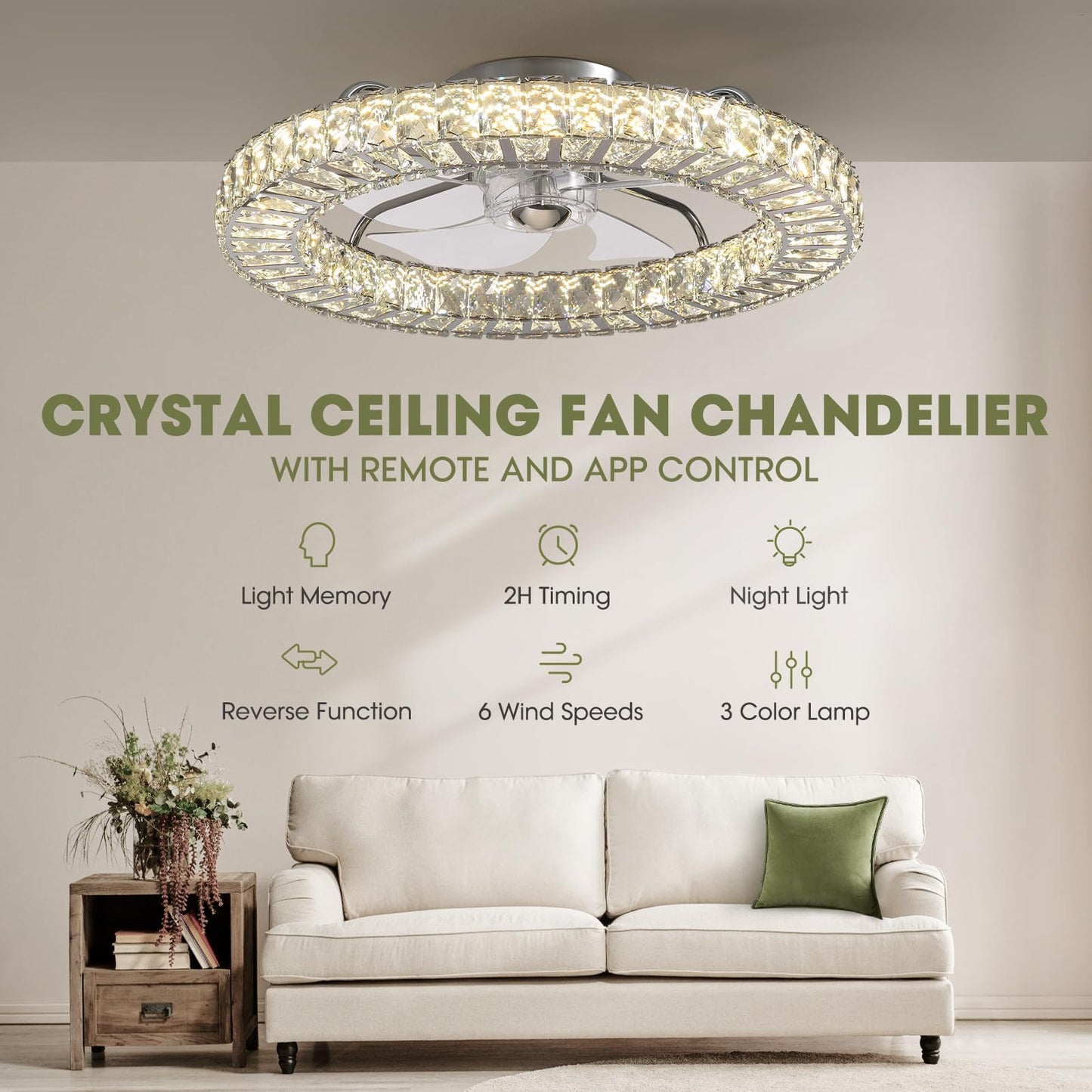 22 in. LED Smart Indoor Chrome Flush Mount Fandelier Low Profile Ceiling Fan with 3 Color Change and Remote Control