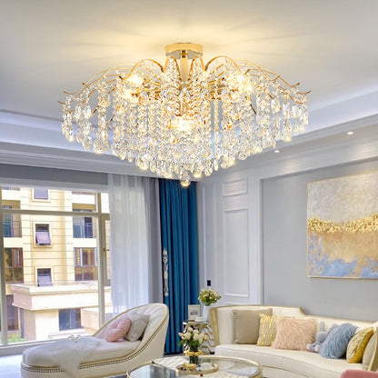 Luxury Gold Wave Frame Crystal Chandelier - Flush Mount Ceiling Light for Living Room & Dining Room