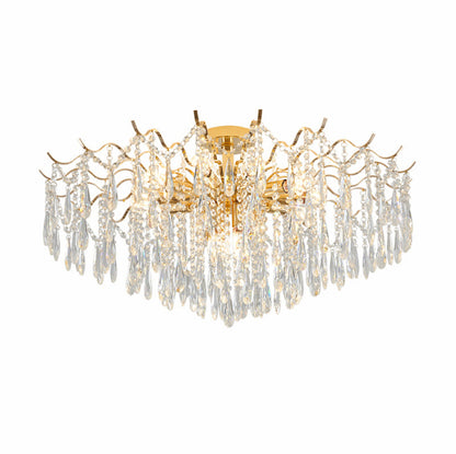 Luxury Gold Wave Frame Crystal Chandelier - Flush Mount Ceiling Light for Living Room & Dining Room