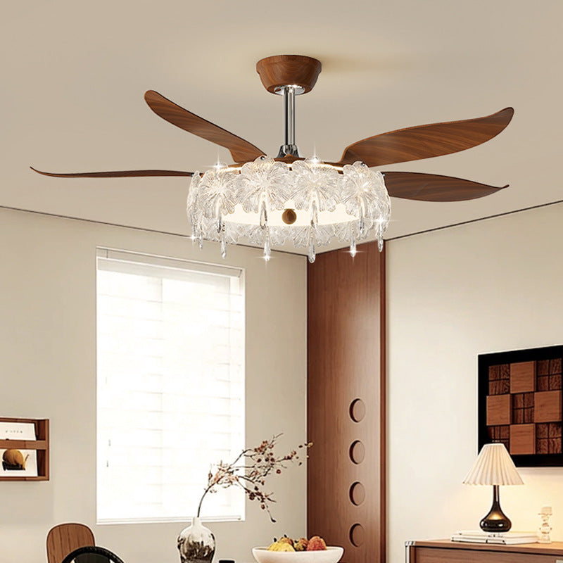 Walnut Wood Fan Light with Floral Crystal Shade - Low-Profile Ceiling Fan Light for Bedroom & Living Room