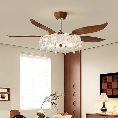 Walnut Wood Fan Light with Floral Crystal Shade - Low-Profile Ceiling Fan Light for Bedroom & Living Room