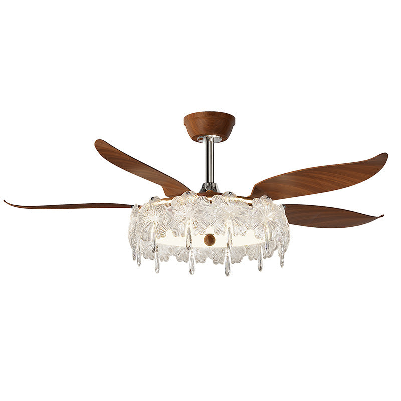 Walnut Wood Fan Light with Floral Crystal Shade - Low-Profile Ceiling Fan Light for Bedroom & Living Room