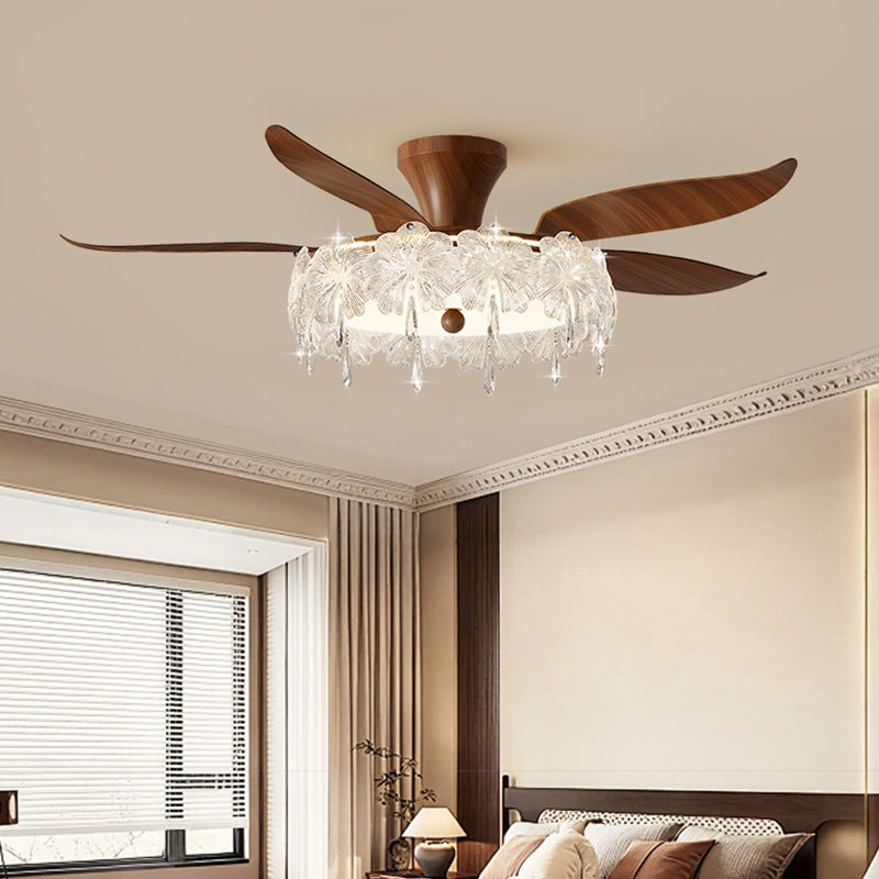 Walnut Wood Fan Light with Floral Crystal Shade - Low-Profile Ceiling Fan Light for Bedroom & Living Room