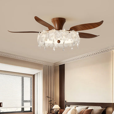 Walnut Wood Fan Light with Floral Crystal Shade - Low-Profile Ceiling Fan Light for Bedroom & Living Room