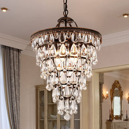 Vintage Tiered Teardrop Crystal Chandelier - Oil-Rubbed Bronze Pendant Light for Foyer & Dining Room
