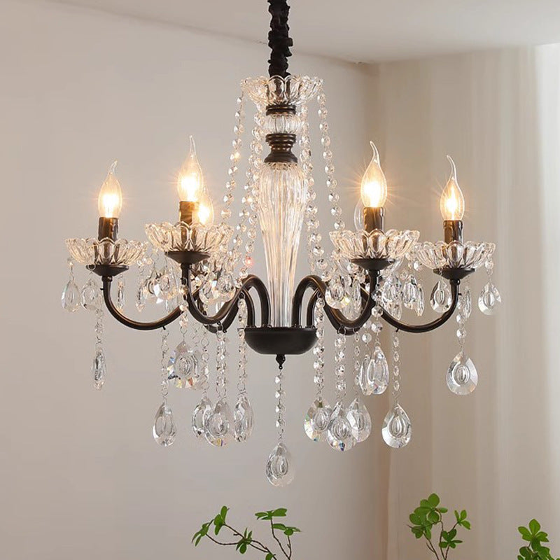 Vintage Black 5-Arm Crystal Chandelier - Candle-Style Pendant Light for Bedroom & Living Room