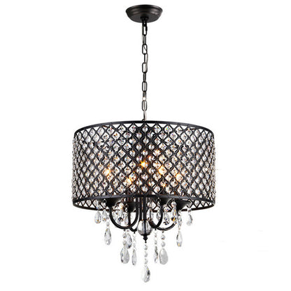Vintage Black Drum Crystal Chandelier - 3-Light Pendant with Twisted Stem for Bedroom & Dining Room