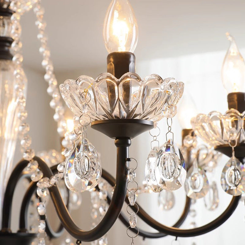 Vintage Black 5-Arm Crystal Chandelier - Candle-Style Pendant Light for Bedroom & Living Room