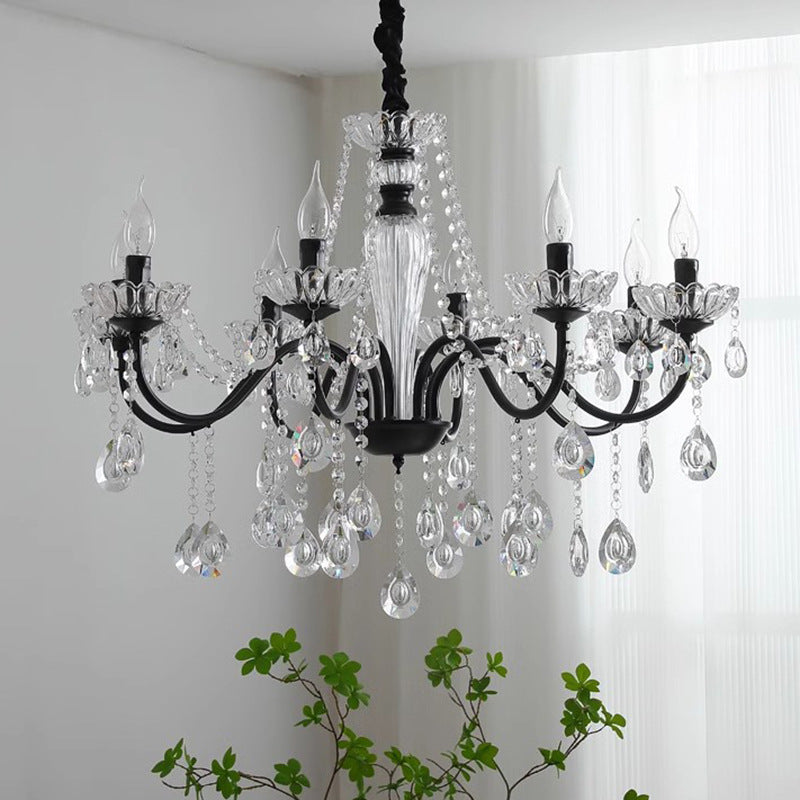 Vintage Black 5-Arm Crystal Chandelier - Candle-Style Pendant Light for Bedroom & Living Room
