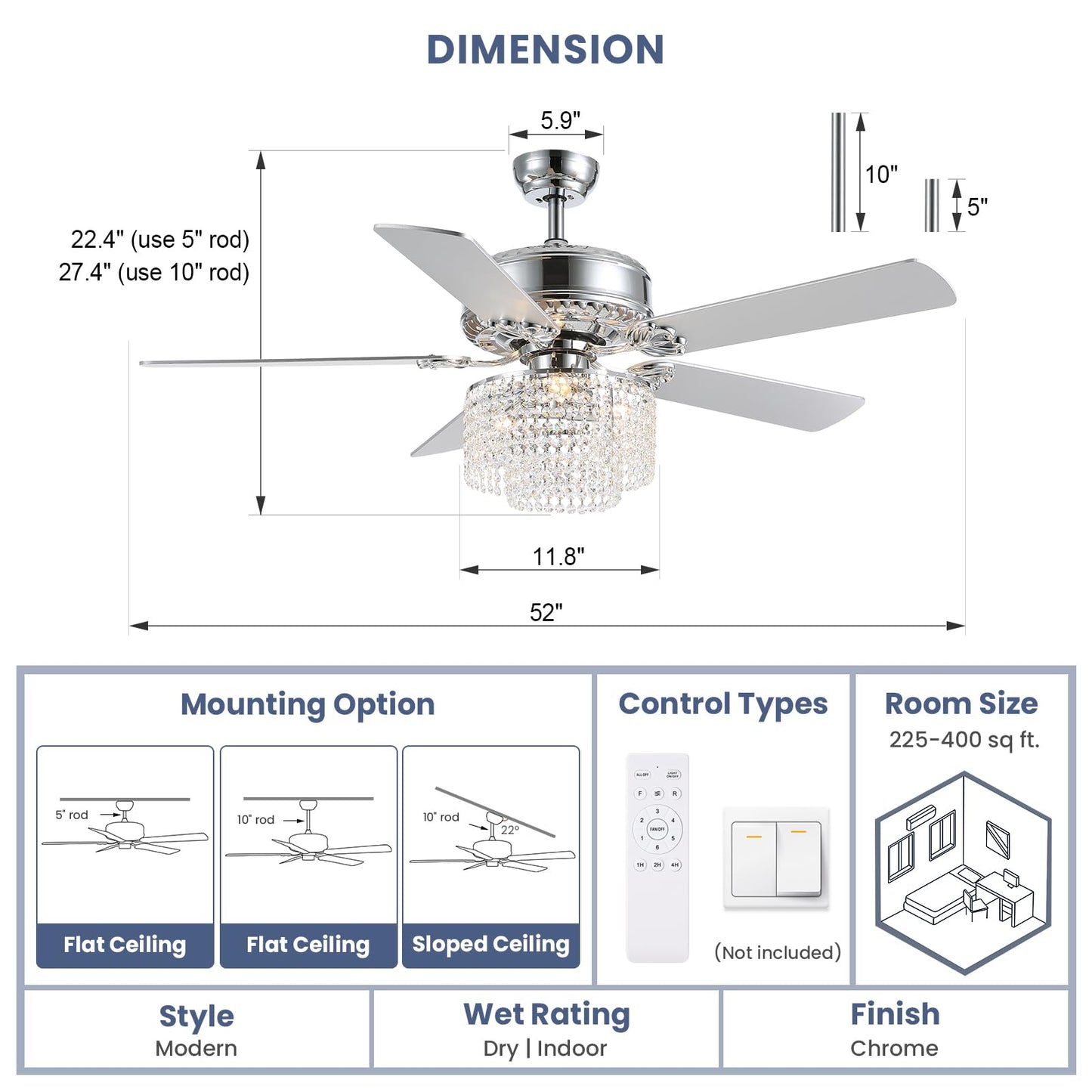 52 in. Indoor Silver Downrod Mount Crystal Chandelier Ceiling Fan with Light Kit and Remote Reversible Blades Fandelier