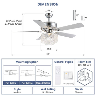 52 in. Indoor Silver Downrod Mount Crystal Chandelier Ceiling Fan with Light Kit and Remote Reversible Blades Fandelier