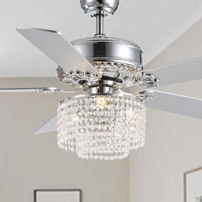 52 in. Indoor Silver Downrod Mount Crystal Chandelier Ceiling Fan with Light Kit and Remote Reversible Blades Fandelier