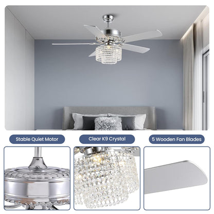 52 in. Indoor Silver Downrod Mount Crystal Chandelier Ceiling Fan with Light Kit and Remote Reversible Blades Fandelier