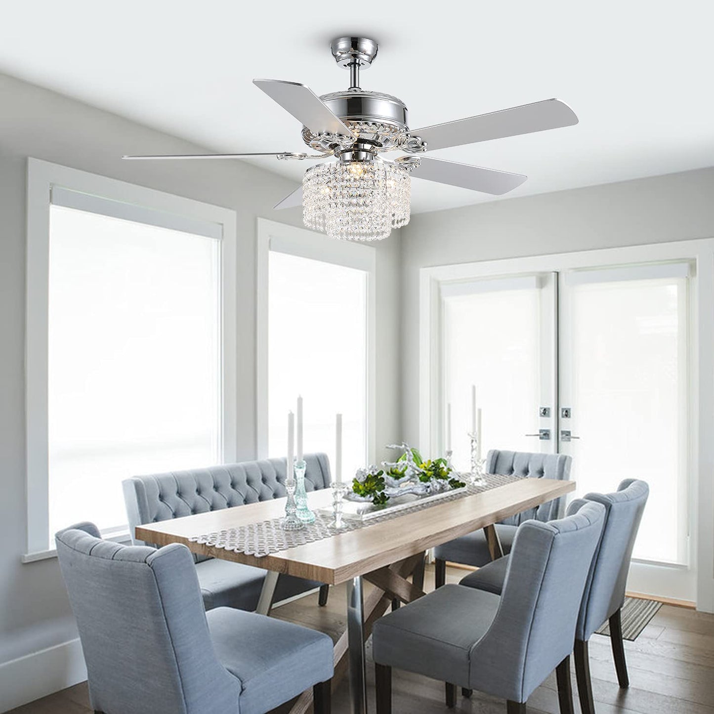 52 in. Indoor Silver Downrod Mount Crystal Chandelier Ceiling Fan with Light Kit and Remote Reversible Blades Fandelier