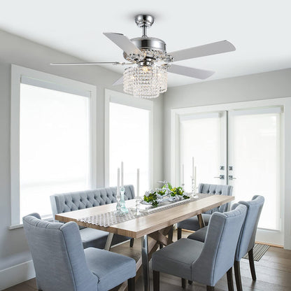 52 in. Indoor Silver Downrod Mount Crystal Chandelier Ceiling Fan with Light Kit and Remote Reversible Blades Fandelier