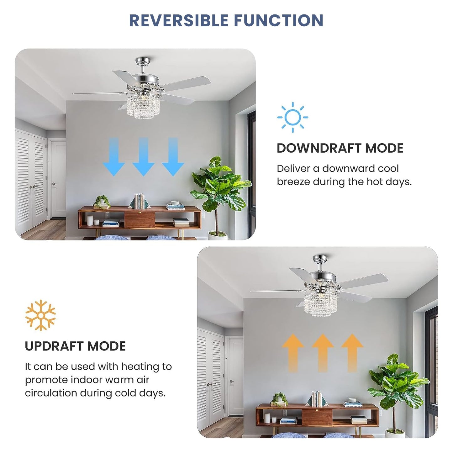 52 in. Indoor Silver Downrod Mount Crystal Chandelier Ceiling Fan with Light Kit and Remote Reversible Blades Fandelier