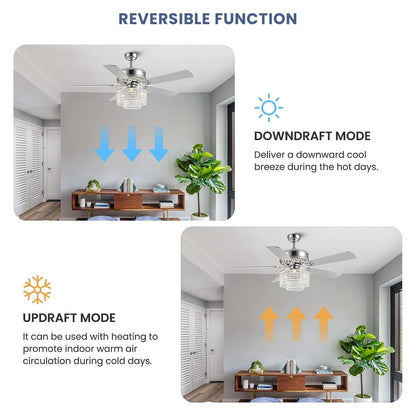 52 in. Indoor Silver Downrod Mount Crystal Chandelier Ceiling Fan with Light Kit and Remote Reversible Blades Fandelier