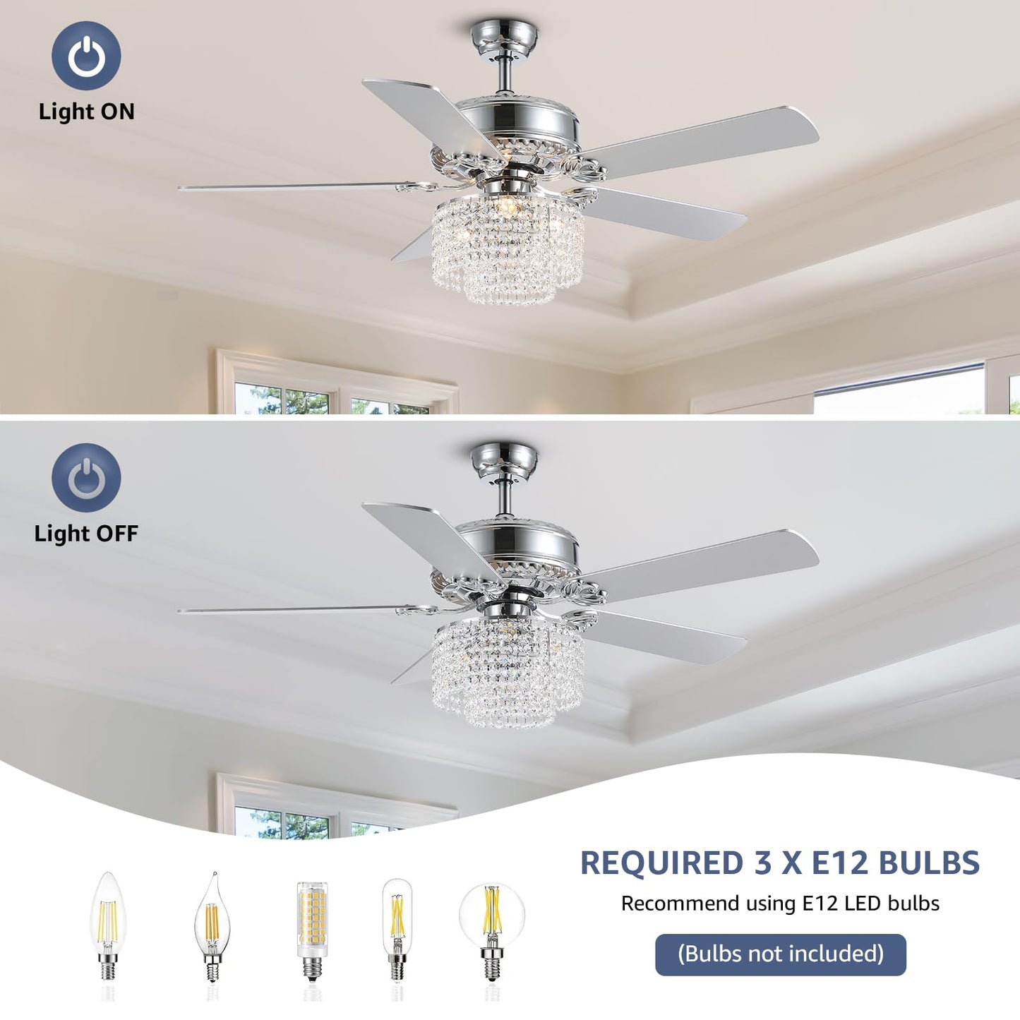 52 in. Indoor Silver Downrod Mount Crystal Chandelier Ceiling Fan with Light Kit and Remote Reversible Blades Fandelier