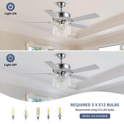 52 in. Indoor Silver Downrod Mount Crystal Chandelier Ceiling Fan with Light Kit and Remote Reversible Blades Fandelier
