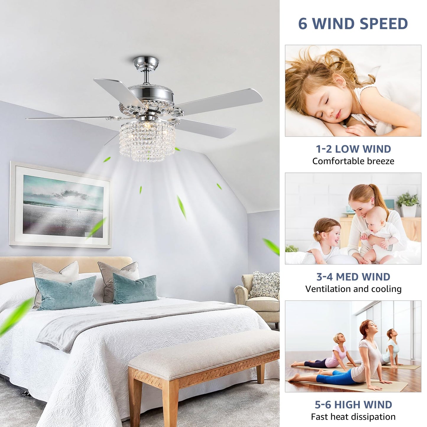 52 in. Indoor Silver Downrod Mount Crystal Chandelier Ceiling Fan with Light Kit and Remote Reversible Blades Fandelier