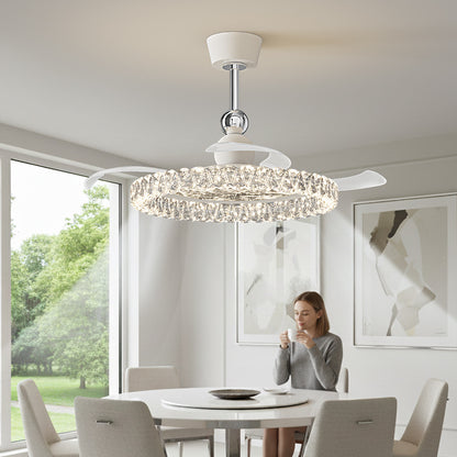 Modern Retractable Crystal Ceiling Fan with Light – Silent Operation, Dimmable LED for Dining & Living Rooms