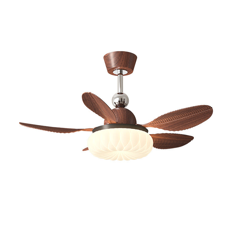 Walnut Wood Leaf Blades Ceiling Fan with Light – Mid-Century Modern Flush Mount Fan Light for Bedroom & Dining Room