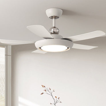 Modern White 5-Blade Ceiling Fan with Light - Minimalist Dimmable LED Fan Light with Chrome Accents