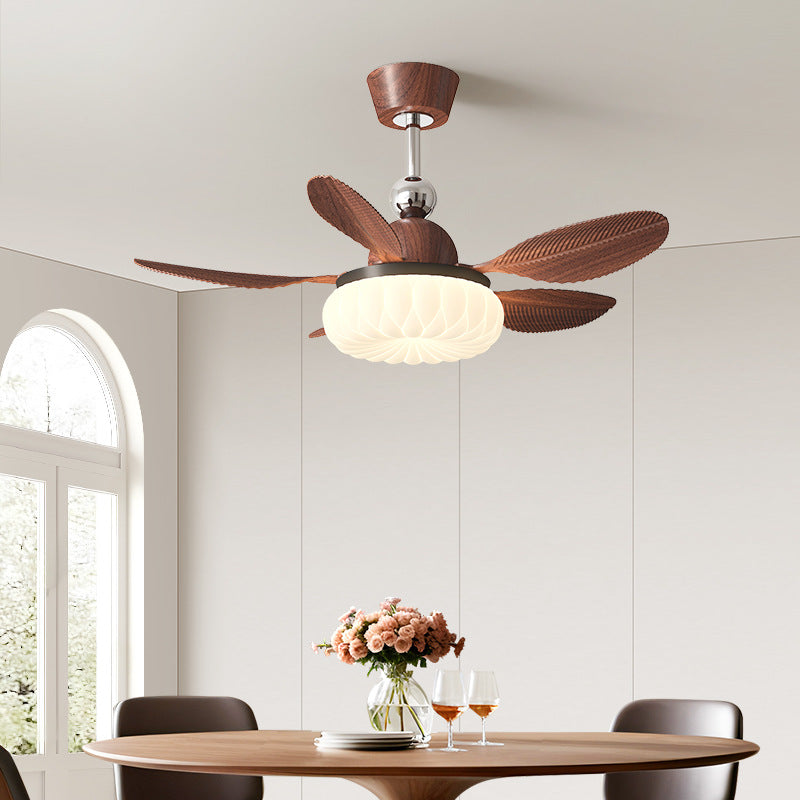 Walnut Wood Leaf Blades Ceiling Fan with Light – Mid-Century Modern Flush Mount Fan Light for Bedroom & Dining Room