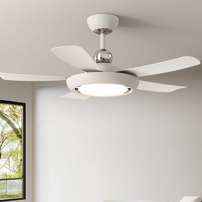 Modern White 5-Blade Ceiling Fan with Light - Minimalist Dimmable LED Fan Light with Chrome Accents