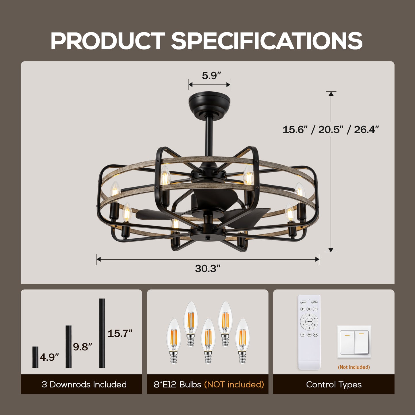 30 in. Indoor Farmhouse Black Caged Chandelier Ceiling Fan with Remote Included with No Bulb Included for Dining Room