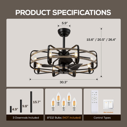 30 in. Indoor Farmhouse Black Caged Chandelier Ceiling Fan with Remote Included with No Bulb Included for Dining Room