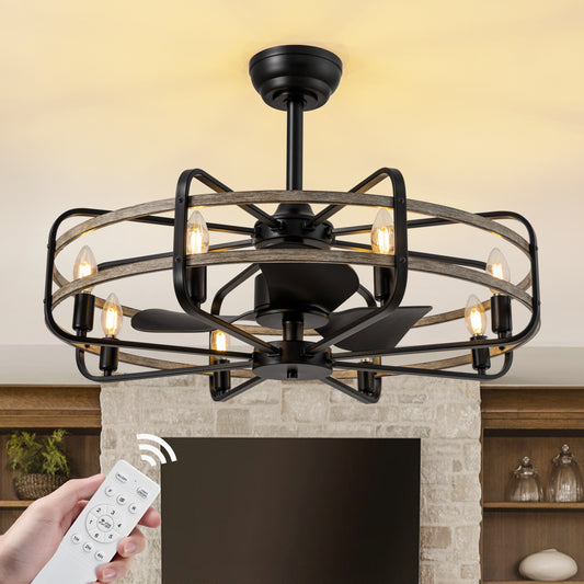 30 in. Indoor Farmhouse Black Caged Chandelier Ceiling Fan with Remote Included with No Bulb Included for Dining Room