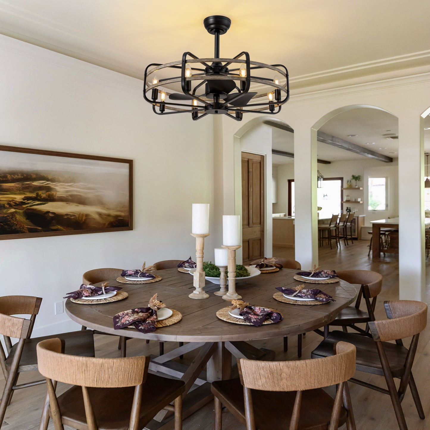 30 in. Indoor Farmhouse Black Caged Chandelier Ceiling Fan with Remote Included with No Bulb Included for Dining Room