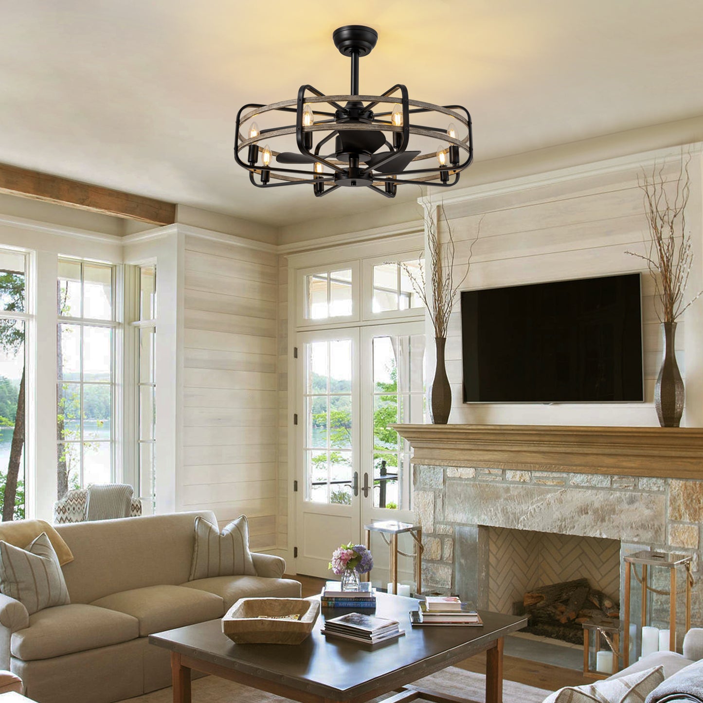 30 in. Indoor Farmhouse Black Caged Chandelier Ceiling Fan with Remote Included with No Bulb Included for Dining Room