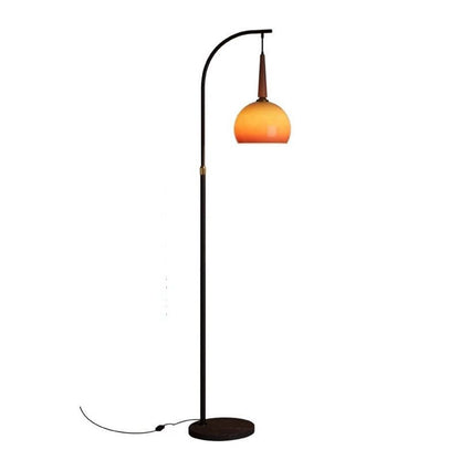 Retro Mid-Century Floor Lamp with Warm Amber Glass Dome Shade