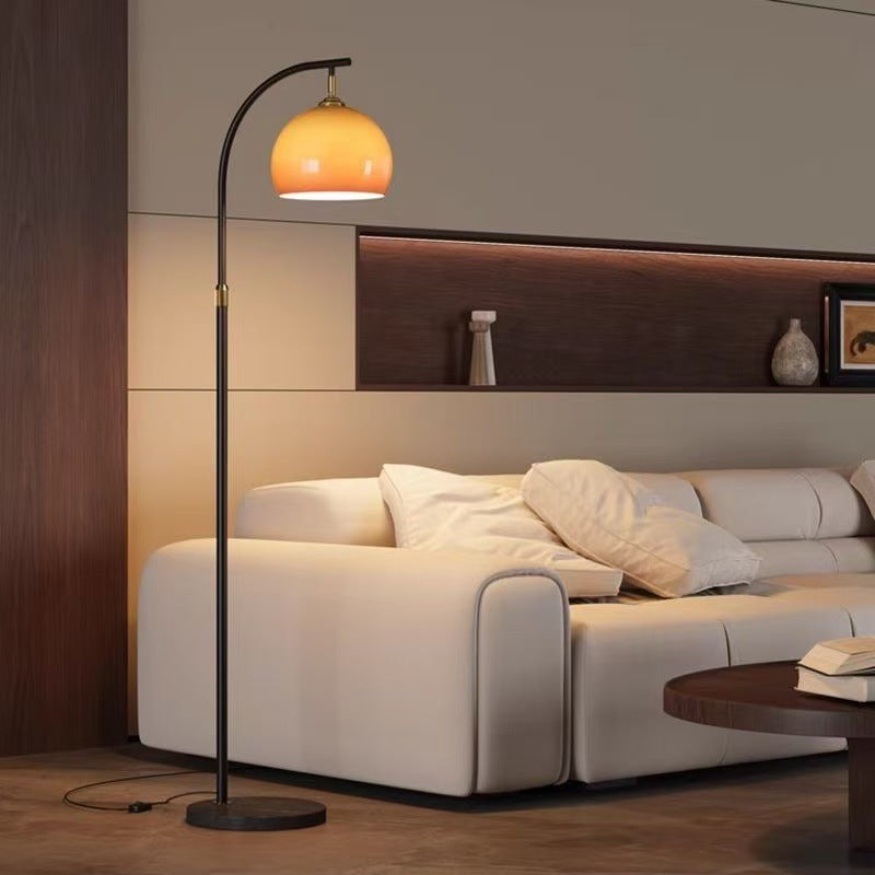 Retro Mid-Century Floor Lamp with Warm Amber Glass Dome Shade