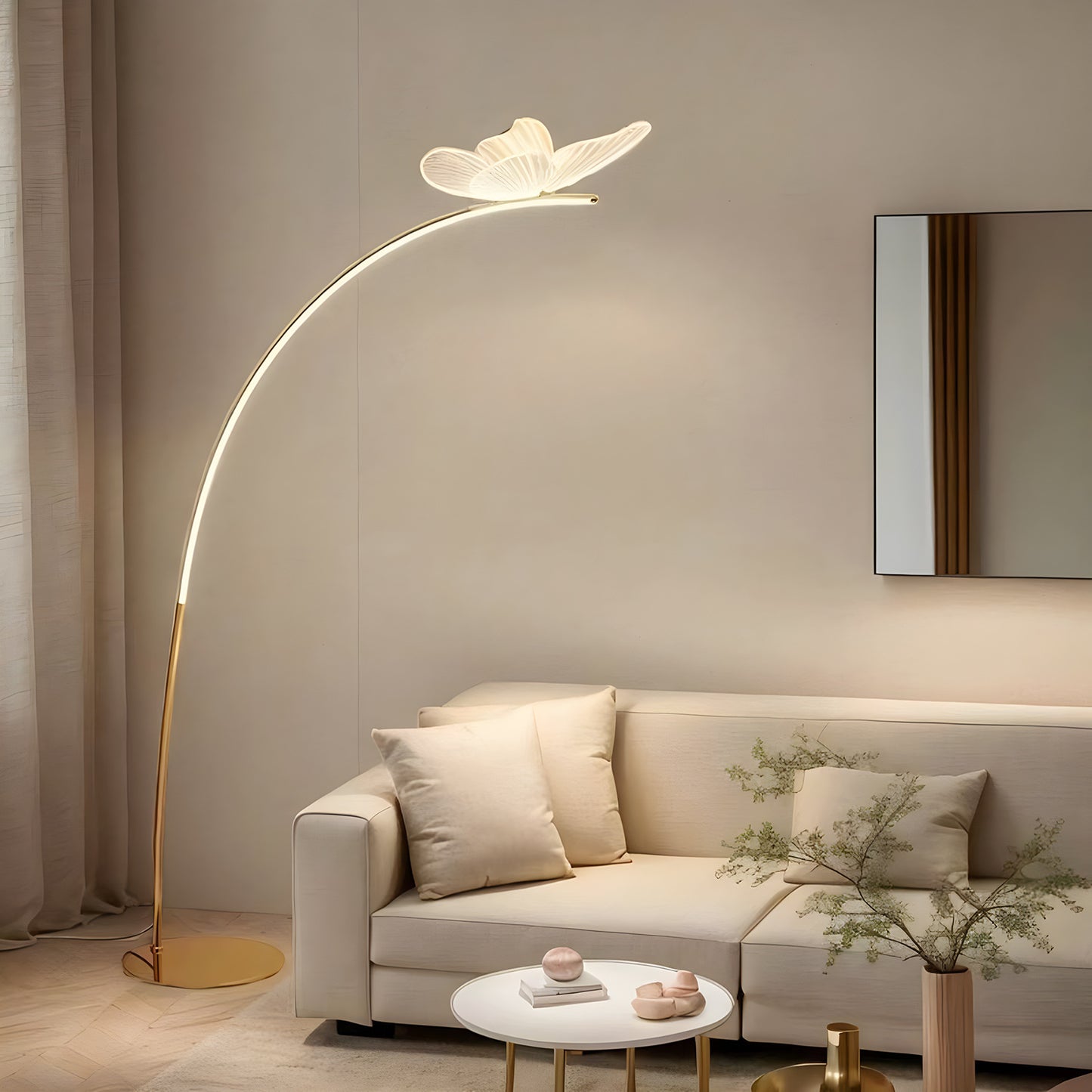 Minimalist Gold Arc Floor Lamp with Butterfly LED Accent - Soft Warm Glow for Cozy Home Decor