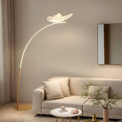 Minimalist Gold Arc Floor Lamp with Butterfly LED Accent - Soft Warm Glow for Cozy Home Decor