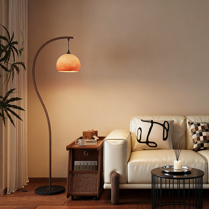 Arc Floor Lamp with Amber Glass Shade | Modern Wood-Tone Standing Light for Living Room & Bedroom