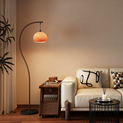 Arc Floor Lamp with Amber Glass Shade | Modern Wood-Tone Standing Light for Living Room & Bedroom