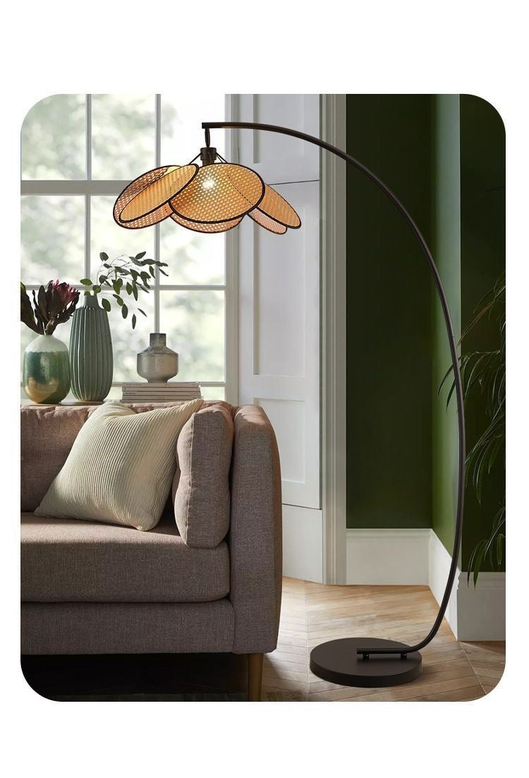 Bohemian Arc Floor Lamp with Multi-Layer Rattan Shade - Warm Natural Glow for Cozy Home Decor