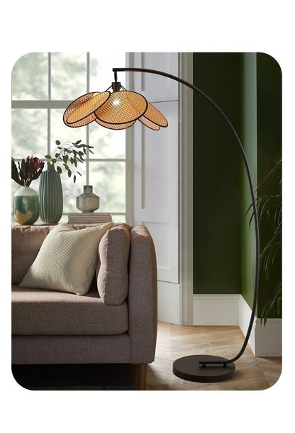 Bohemian Arc Floor Lamp with Multi-Layer Rattan Shade - Warm Natural Glow for Cozy Home Decor